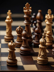 Chess pieces on the chessboard and dark dim light