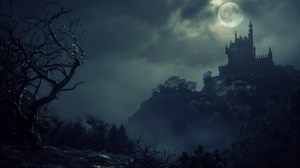 Fantasy fairytale scary castle gothic architecture style silhouette on the hill against moonlight sky with soft clouds texture