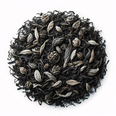 A pile of dried green tea leaves isolated on a white background