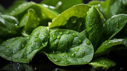 Closeup image of fresh spinach leaves with water droplets, emphasizing the texture and deep green color, perfect for nutritional guides