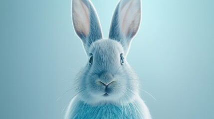   A rabbit's face in tight focus, its chest sporting a patch of blue fur against a light blue backdrop - obrazy, fototapety, plakaty