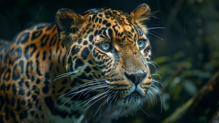 Fototapeta premium A tight shot of a leopard's face, surrounded by a hazy background of trees and bushes