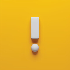 Realistic white exclamation mark, notification symbol on yellow. Exclamation icon with 3d effect. Warning attention mark symbol three-dimensional rendering vector illustration