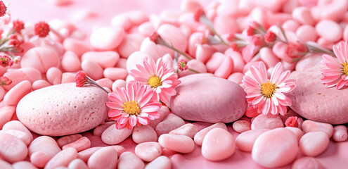 Pink Spa Stones & Delicate Flowers on Pink Background. Relaxation & Self-Care. Pink Spring Flowers & Stones on Pastel Pink Background. Celebrating Spring