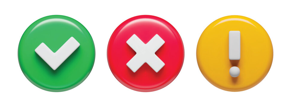 Acceptance, rejection and attention symbols in glossy circles set, 3d buttons. Right, wrong and exclamation check marks three-dimensional rendering vector illustration