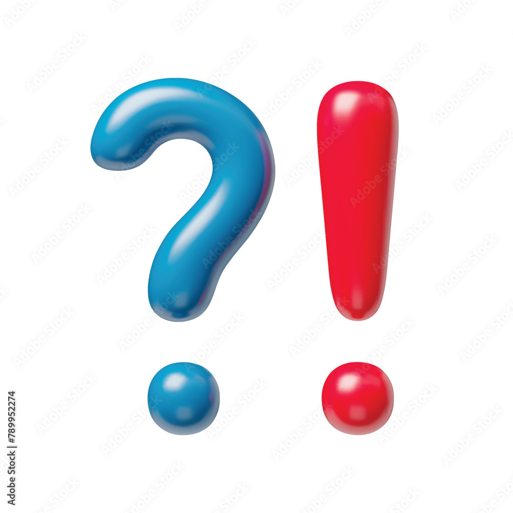 Fototapete Blue question and red exclamation signs realistic 3d symbols. Glossy exclamation and question punctuation marks, attention signals three-dimensional rendering vector illustration