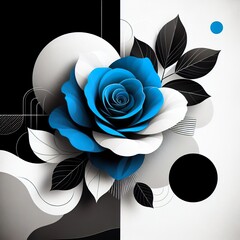 a monochromatic accent blue colour,contrast between black and white, with pops of a single bright hue, graphic incorporate minimalist, abstract, or geometric elements of a Rose flower