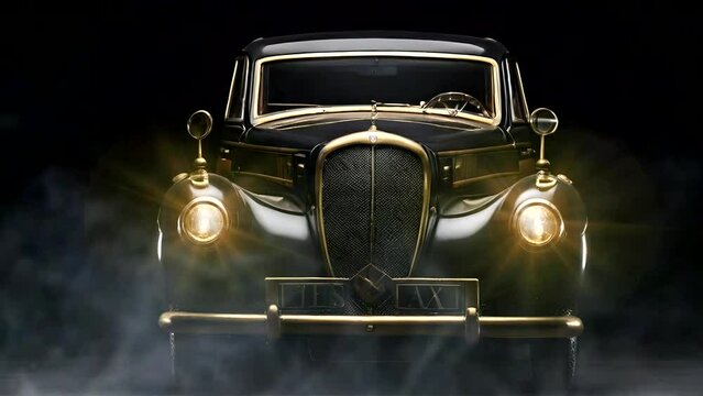 Antique car seen from the front. the car lights are on