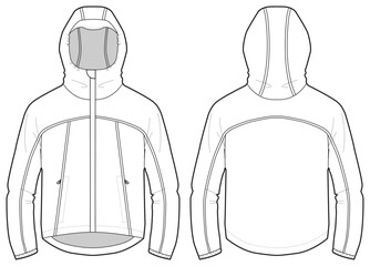 Long sleeve Hoodie jacket design flat sketch Illustration, Protection mid layer Hooded jacket with front and back view, winter hoody jacket for Men and women. for hiker, outerwear in winter