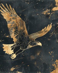 Luxurious wallpaper depicting an eagle in flight, crafted in a golden line art style that adds a regal touch to any sophisticated space - obrazy, fototapety, plakaty