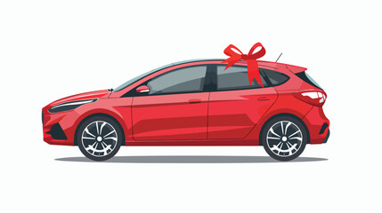 New compact hatchback car as a gift. Vector flat styl - obrazy, fototapety, plakaty