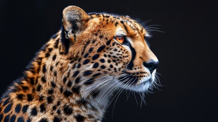   A tight shot of a cheetah's intense face, set against a black backdrop