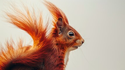   A tight shot of a squirrel's head against a pristine white backdrop, displaying no hair If you intended to describe the squirrel having a bushy red - obrazy, fototapety, plakaty