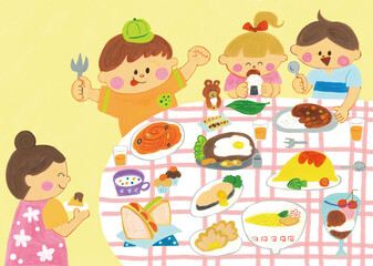 お友達とご飯を食べる子供たちのイラスト