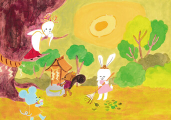 Naklejka premium 祠の周りを掃除する動物たちを見守る神様のイラスト