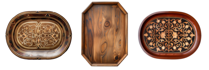 set of different wooden trays, each with intricate inlay work, isolated on transparent background