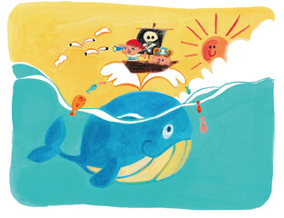 海を冒険する子供たちのイラスト