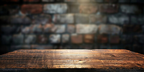 Old wood table with blurred concrete block wall in dark room background, empty wooden table - obrazy, fototapety, plakaty