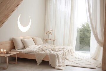Crescent Moon Serenity: Minimalist Lunar-Inspired Bedroom Decor with White Bedding