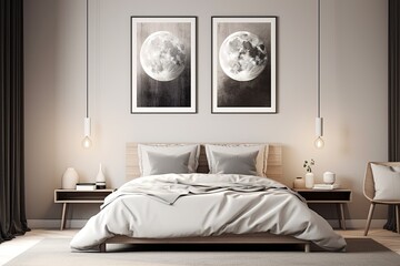 Crescent Moon Zen: Lunar-Inspired Minimalist Bedroom Decor in White & Grey Tones