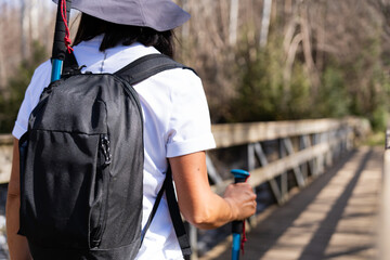 Close up of woman from behind with backpack and hiking stick about to cross a wooden bridge in the...