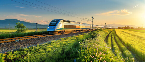 A train traveling through green fields and hills under a clear blue sky. - obrazy, fototapety, plakaty