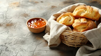   A basket filled with rolls sits next to a small white porcelain bowl containing dipping sauce, both placed against a gray backdrop, covered by a crisp white cloth - obrazy, fototapety, plakaty