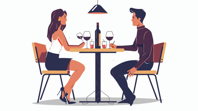 Night romantic date with wine. vector flat illustration