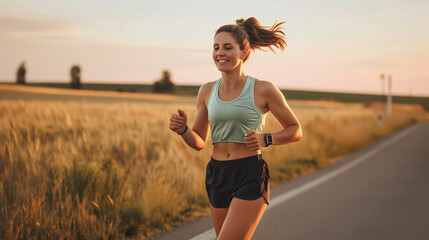 Evening Run Bliss: Joyful Runner Embracing the Golden Hour on a Country Lane