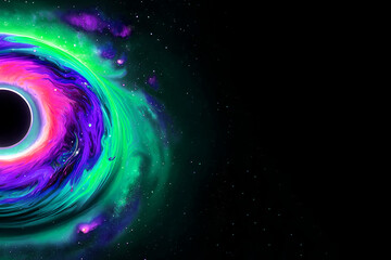 half colorful image of a black hole with a rotating accretion disk in space, copy space