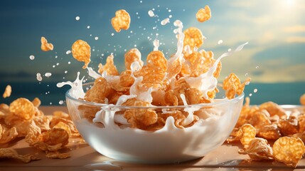 Commercial shot of a bowl of crispy cornflakes with fresh milk splashing around, set against a bright morning background, perfect for breakfast cereal ads