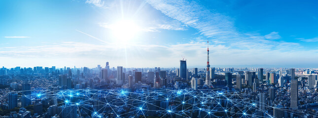 Dawning of the Digital Age: A Futuristic Cityscape Interwoven with Glowing Networks