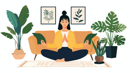 Woman meditating in the living room. Woman in yoga tr