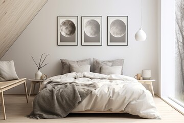 Fototapeta na wymiar Moonlit Tranquility: Lunar-Inspired Minimalist Bedroom Decor in White & Grey Palette