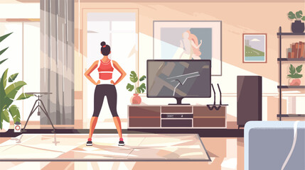Woman training while watching fitness program home 