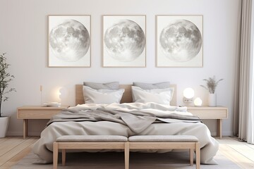 Moon Phase Illuminations: A Serene Grey Minimalist Bedroom Decor Collection