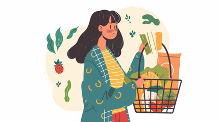 Woman with a grocery basket examines the goods. vector