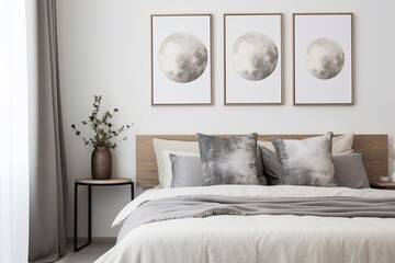 Moon Phase Minimalist Bedroom Decors: Soft Grey Palette and Lunar Wall Art