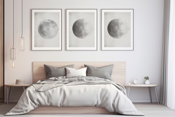 Mesmeric Moon Phase Wall Art: Lunar Minimalist Bedroom Decors in a Soft Grey Palette