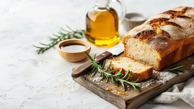   A loaf of bread on a cutting board, nearby, a bowl of oil, and a wooden spoon