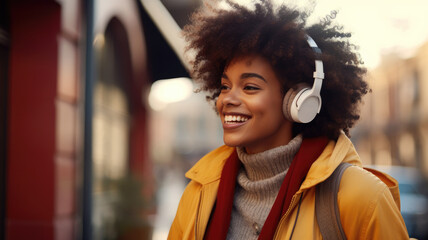 Happy young woman with headphones enjoying the music - obrazy, fototapety, plakaty