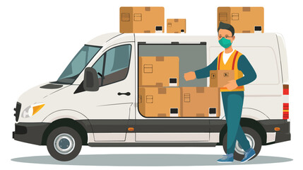 Worker in a medical mask loads boxes in a cargo van.