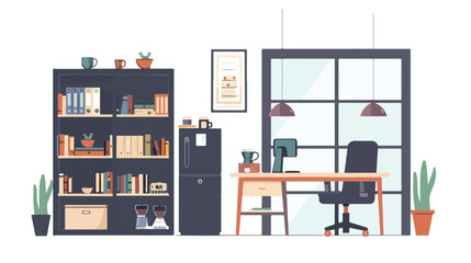 Office workplace with table bookcase window and coffe