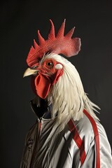 rooster in a tracksuit on a black background. generative ai