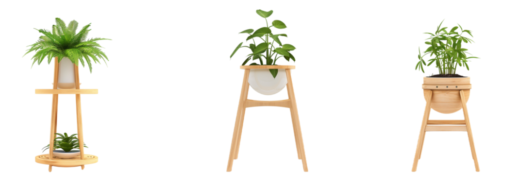 set of different wooden plant stands, each showcasing an eco-friendly design, isolated on transparent background