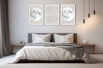 Minimalist Lunar-Inspired Bedroom: White Bed Frame, Moon Phase Wall Art, Grey Bedding & Serene Lighting