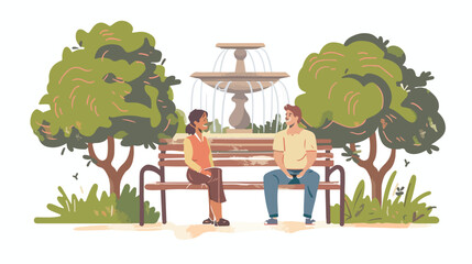 Old and young couple sitting on bench in the park by