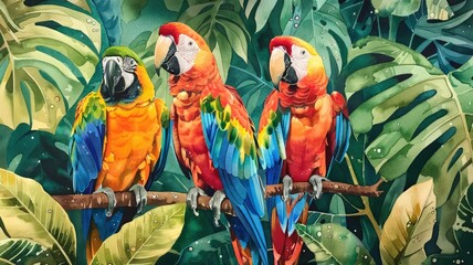 Three parrots sitting on a branch in a jungle setting.