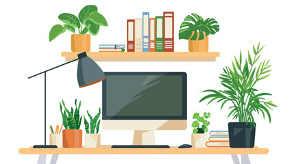 Workplace with computer and lamp. Houseplants and boo