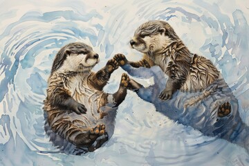 Two otters playing in the water - obrazy, fototapety, plakaty